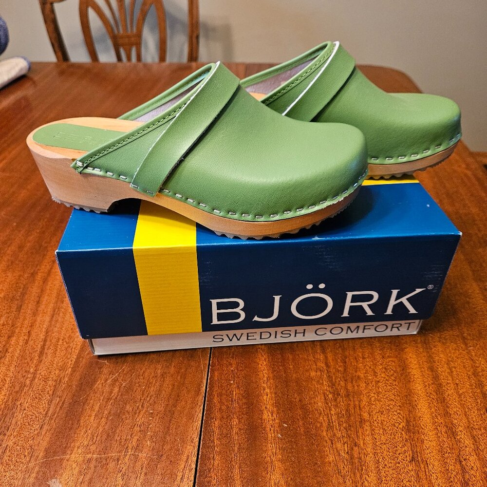 BJORK Maja Wood Open Back Leather Clogs, Size Eu-39 US 8.5-9 New in Box